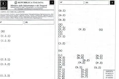 Documento di immatricolazione veicolo, la carta di circolazione italiana con varie sezioni e codici.
