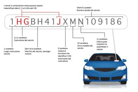 Schema per ricavare codice OEM da telaio (VIN). Ogni cifra del numero di telaio fornisce informazioni sul veicolo.