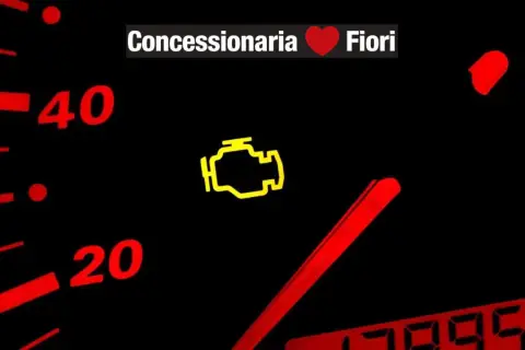 Cruscotto con spia motore accesa. "Concessionaria Fiori" in alto.