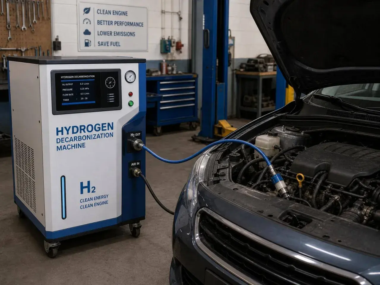 Macchina per la decarbonizzazione motore a idrogeno collegata a un'auto in officina. Promuove un motore pulito e migliori prestazioni.